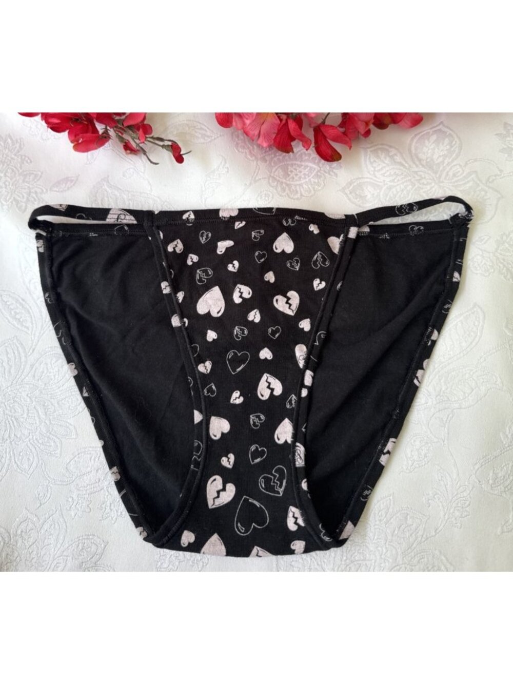 PINK VICTORIA'S SECRET S BLACK PINK HEARTS STRING BIKINI COTTON PANTIES NWT